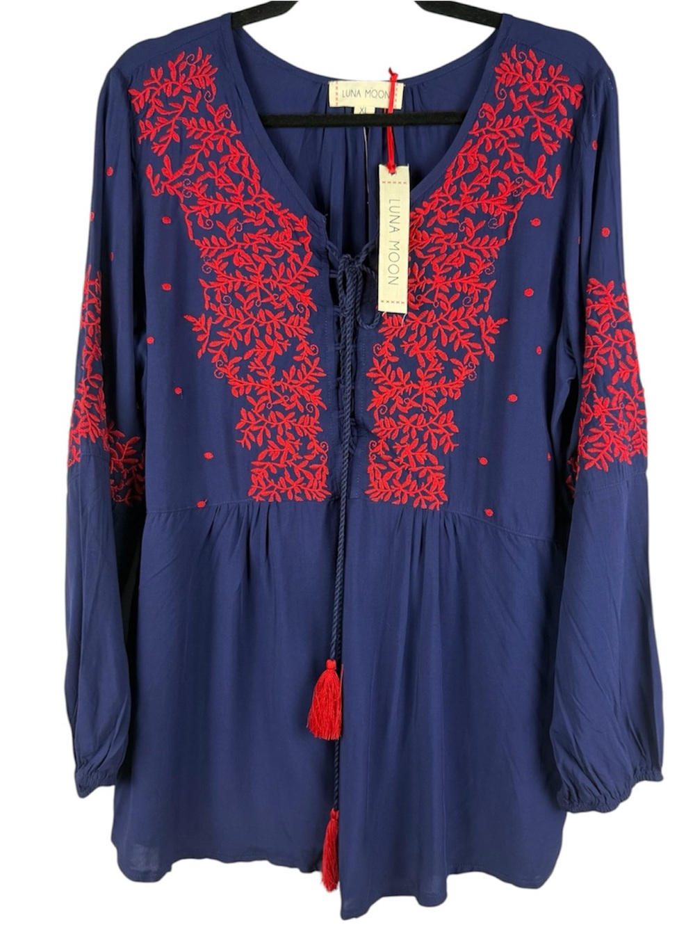 NWT Luna Moon Boho Embroidered Peasant Lace-Up Tunic Top Blue Red XL Tassels